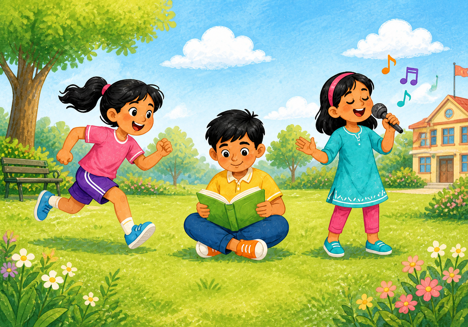 Children running, reading and singing
